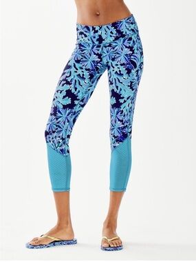 Lilly Pulitzer Luxletic Weekender Midi Leggings In Too Deep Coral Blue